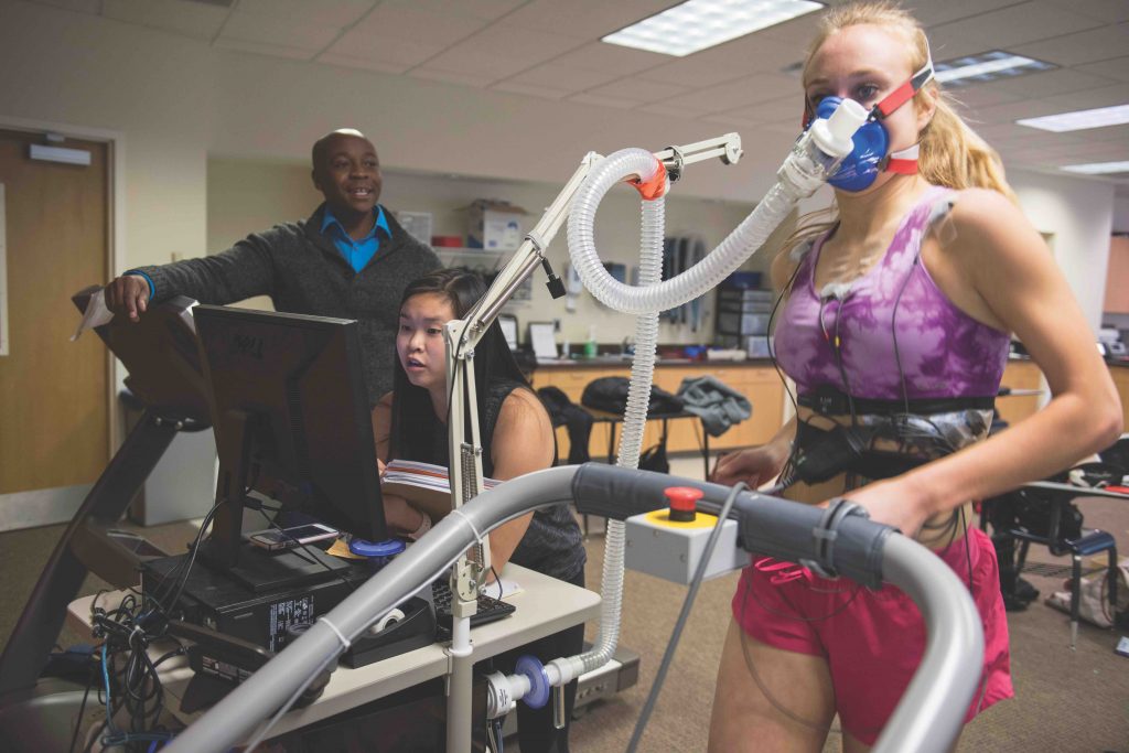 Students in assistant professor of exercise science Titch Madzima's exercise science laboratory perform various tests, including a jump test and a VO2 max test, which tests oxygen usage during exercise.