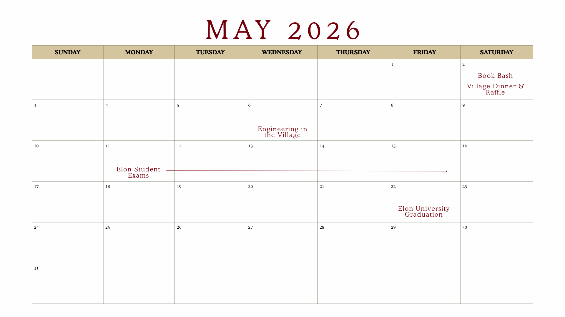 2026 Calendar | "It Takes a Village" Project | Elon University