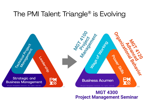 Heading says The PMI Talent Triangle is Evolving. A triangle with sides that say Ways of Working, Power Skills and Business Acumen. 