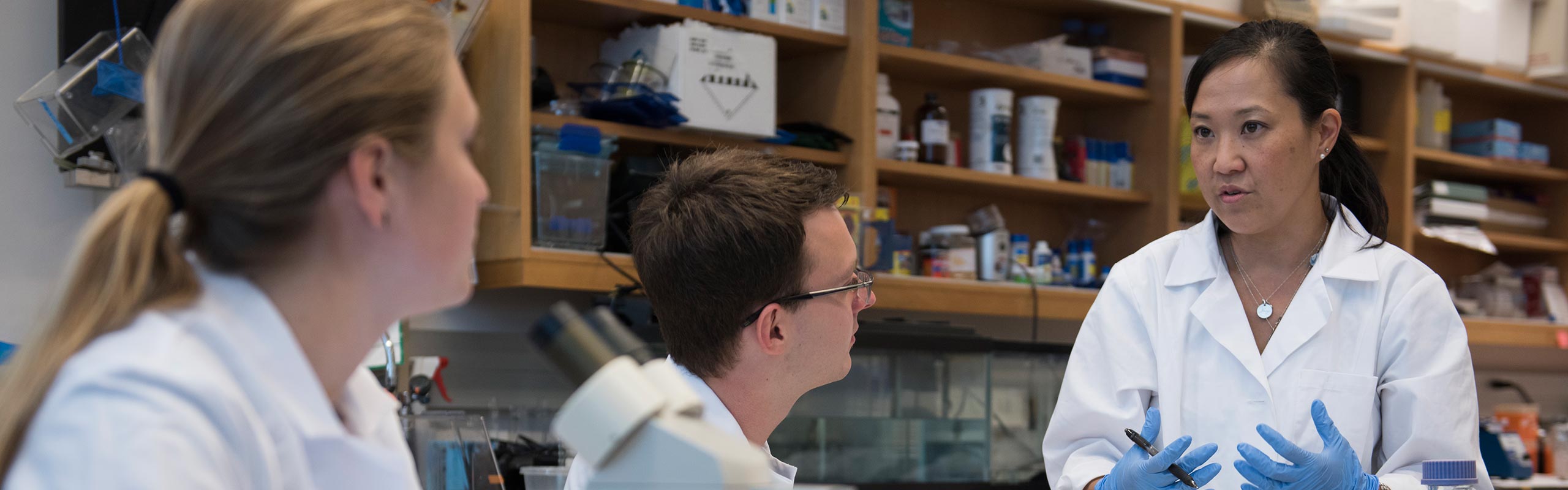 Associate Professor of Biology Jen Uno works with Lumen Scholar and biochemistry major Alex Ball '18 and Honors Fellow and biology major Emily Bell '18 in a laboratory.