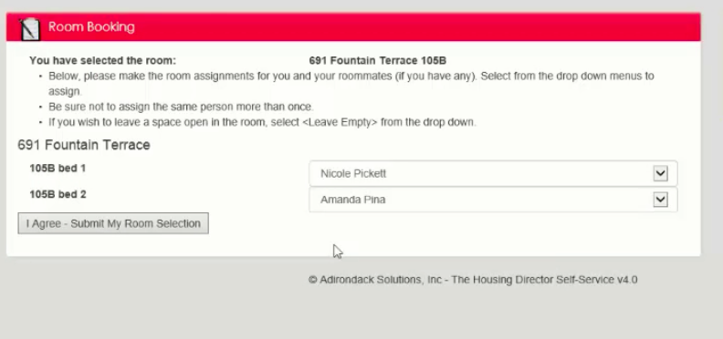 Screenshot of the roommate selection screen in the self service portal