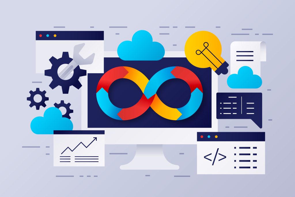 Illustration representing software plugins, featuring a computer monitor displaying a technical infinity loop symbol in red, blue, and yellow. Surrounding the monitor are icons including gears, cloud computing, a lightbulb, code, analytics, documents, and chat bubbles, symbolizing software development, automation, collaboration, and continuous improvement.