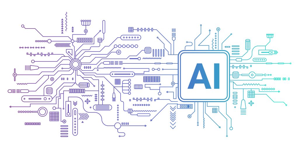 Illustration of a stylized artificial intelligence (AI) microchip labeled 'AI' at the center, with intricate circuit lines radiating outward in blue, teal, and purple. The interconnected lines and symbols represent data flow, computing, and digital connectivity on a clean white background.