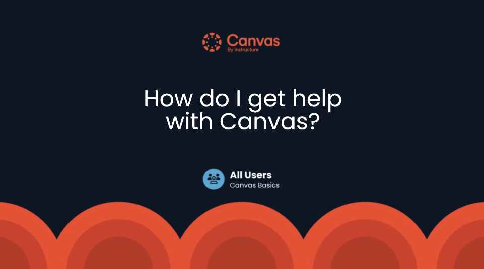 Title slide for a Canvas training presentation. The slide features the Canvas by Instructure logo at the top, the title 'How do I get help with Canvas?' centered in large white text, and an icon labeled 'All Users – Canvas Basics' below. A decorative orange pattern spans the bottom of the dark navy background.
