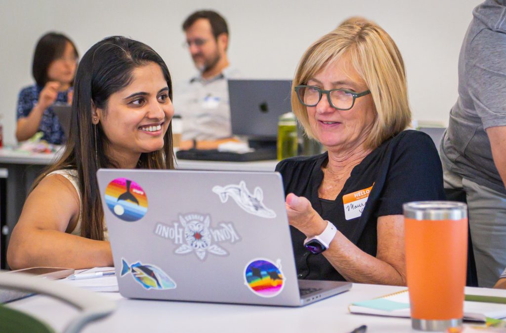 Two participants work together on a laptop during a technology workshop, discussing something on the screen with smiles. Other faculty and staff are seated throughout the classroom using laptops and participating in the hands-on learning session.