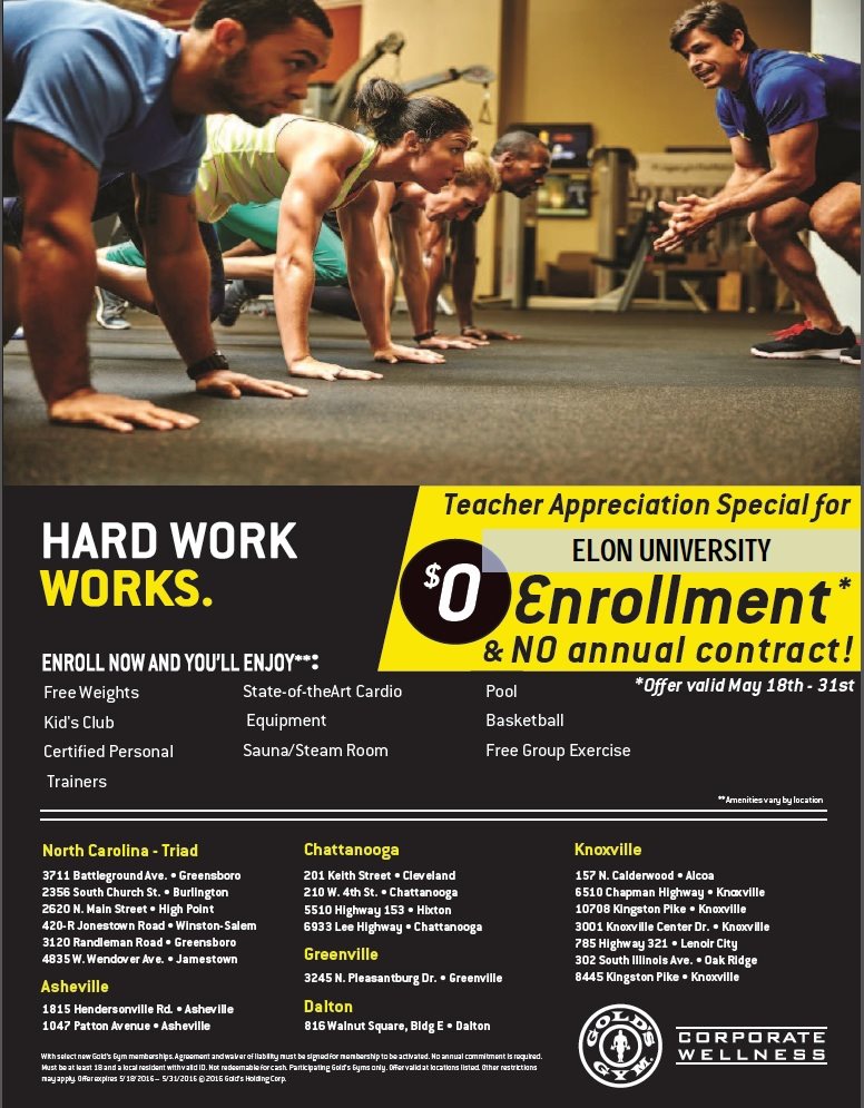 Elon University / Today at Elon / Deal Spotlight: Exclusive offer at Gold's  Gym