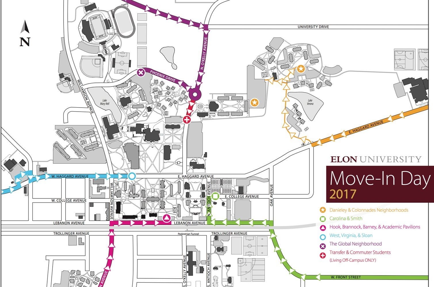Elon University / Today at Elon / Movein day map shows the routes for