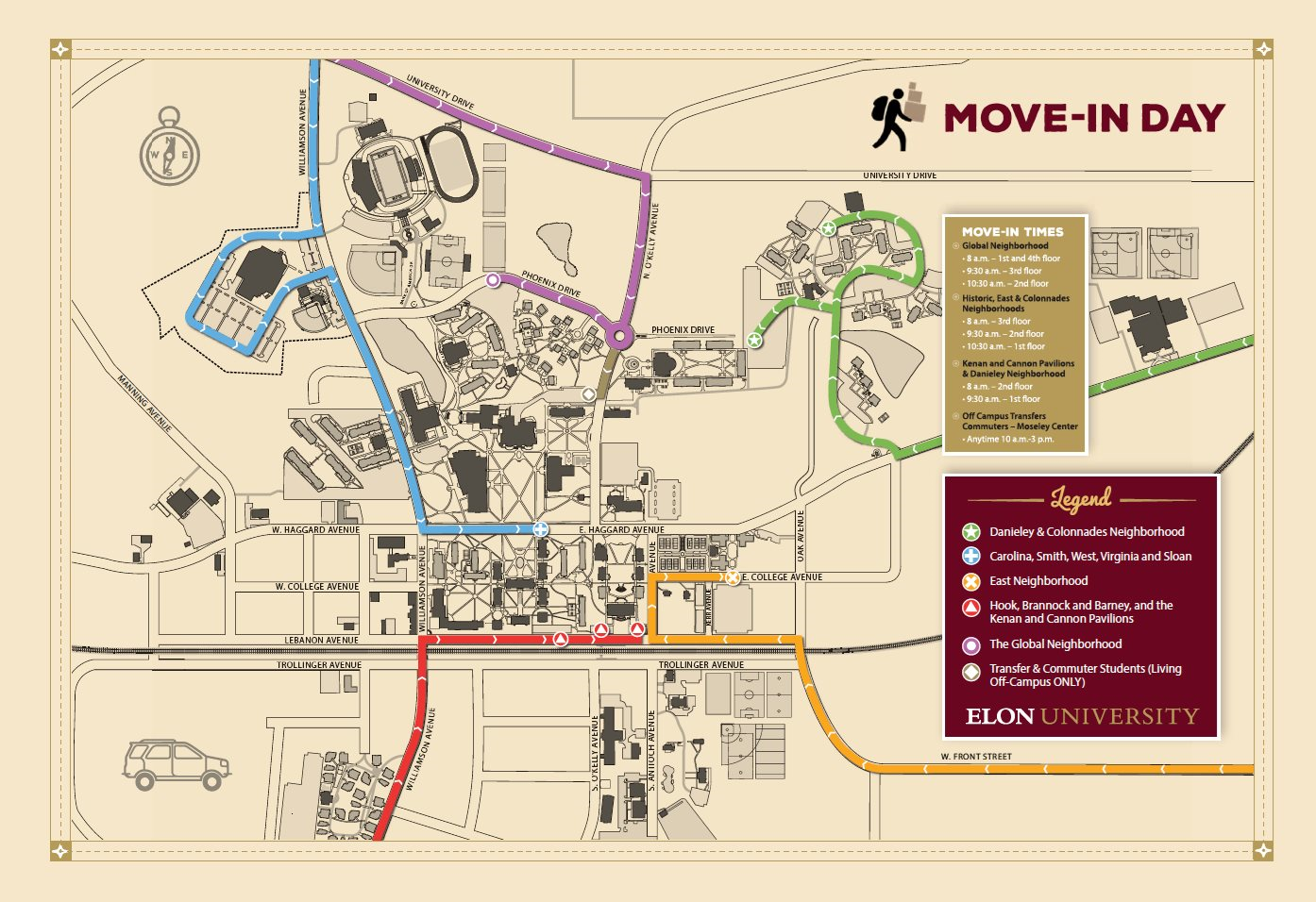 Movein day map shows the routes for new students to follow to campus