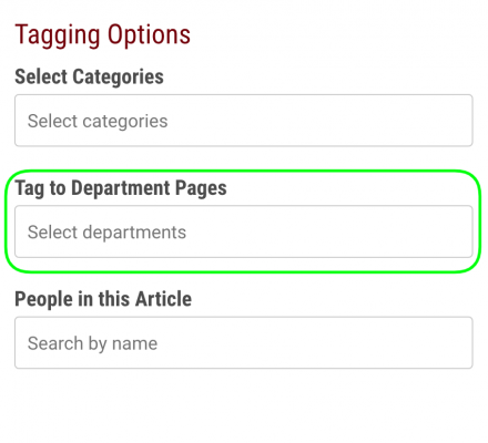 Screenshot showing example of department tagging options