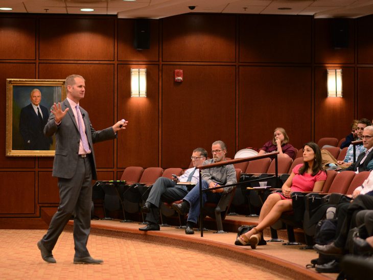 Associate Professor Jeffrey Carpenter delivering the 2019-20 Distinguished Scholar Award Lecture on Monday, Oct. 14.