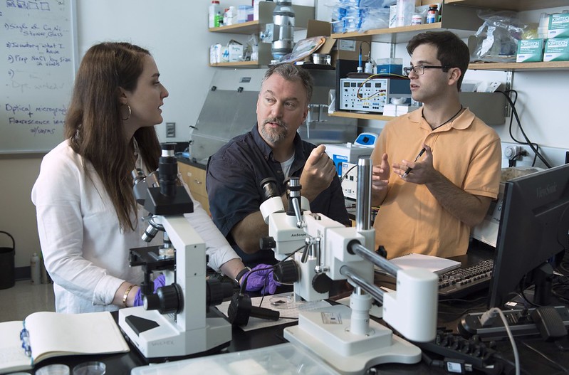 Scott Wolter, associate professor of engineering, works with Michael Dryzer '19 and Caitlin Niven '18.
