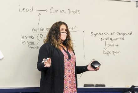 Associate Professor of Chemistry Vickie Moore outlines the clinical trial and drug development process for CHM 355 students. (photo by Michael Abernethy)