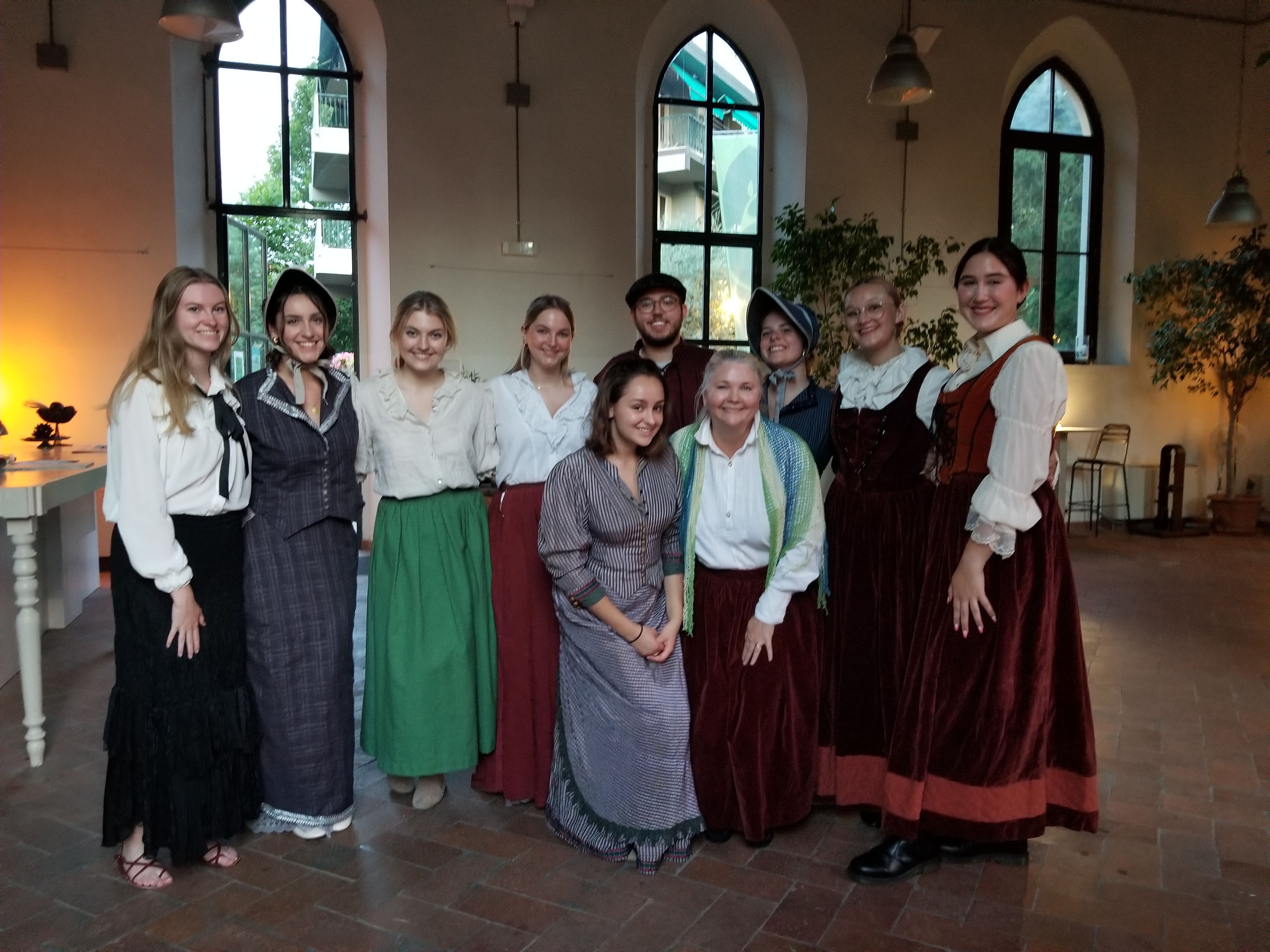 Students in the Summer Opera Workshop program before a performance with the Opera Company Florence. Senior Lecturer in Music Polly Cornelius, fourth from right, is leading the program.