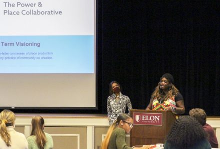 Assistant Professor of Human Service Studies Vanessa Drew-Branch addresses the audience at the Power and Place Collaborative event Dec. 4.