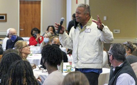 Community member Tyson Fearrington makes remarks at the "Stories of Alamance County" Power and Place Collaborative event Dec. 4.