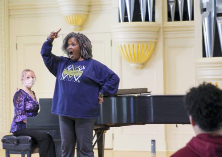 International opera star Angela Brown rehearses with Elon students March 1 in preparation for her show, "Opera ... From a Sistah's Point of View."