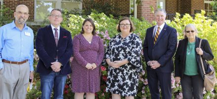 Deans of Elon College, the College of Arts & Sciences, meet with recipients of the Distinguished Alumni Award. From left, Associate Dean Kirby Wahl, Kevin Pace '02, Sarah Babcock '09, Dean Gabie Smith, Drew Van Horn '82, and Associate Dean Nancy Harris.