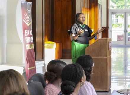 Associate Professor of English and Director of Elon Freedom Scholars Prudence Layne speaks to scholars and families during a June 30 closing reception.
