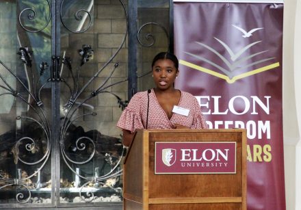 Elon Freedom Scholar Tayloir Wiley, of Williams High School, speaks on behalf of scholars at a closing reception June 30 in the Great Hall.