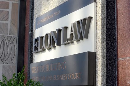 Front entrance sign to Elon University School of Law