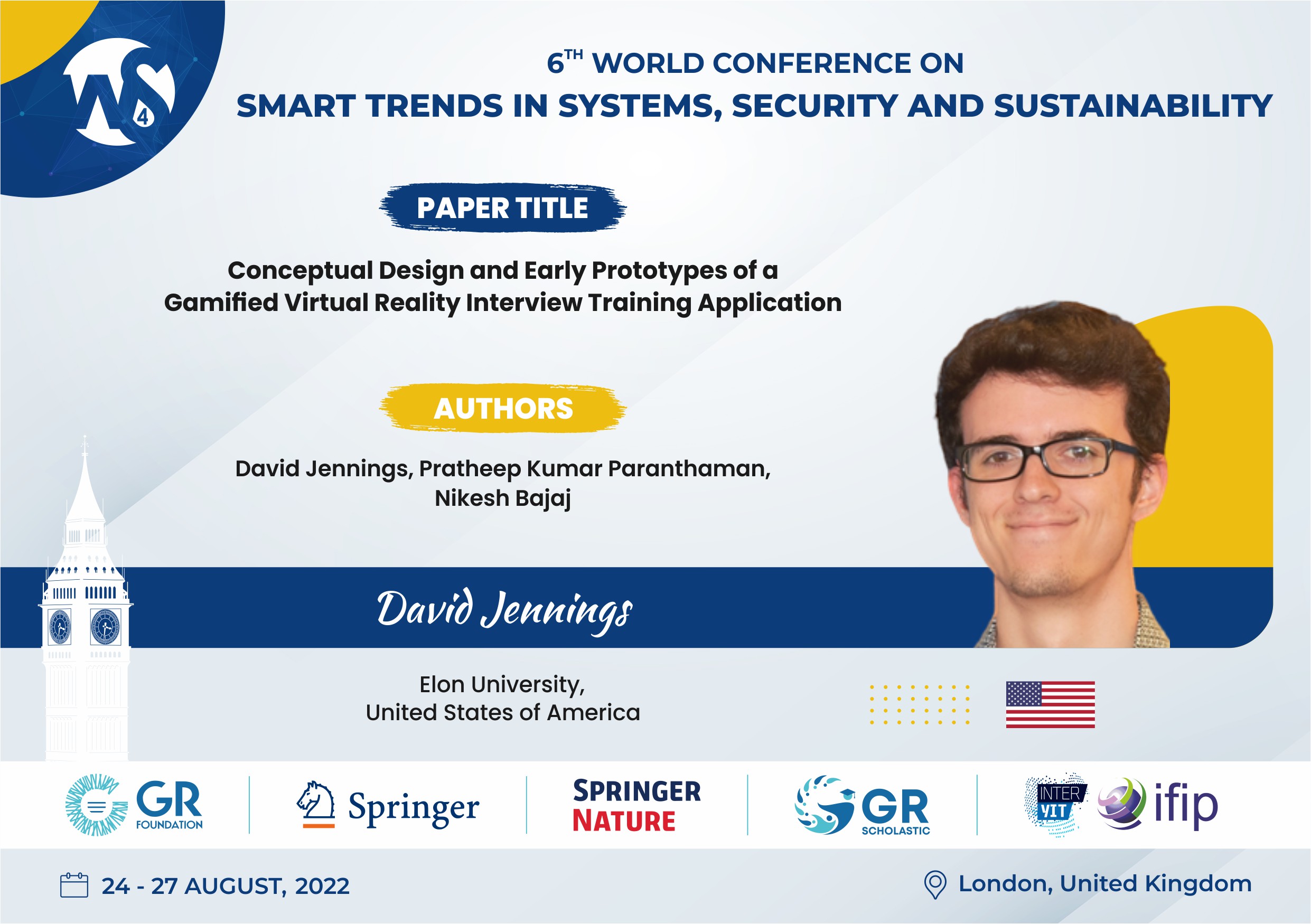The title slide from David Jennings' presentation at the 6th annual World Conference on Smart Trends in Systems, Security and Sustainability about his paper, 