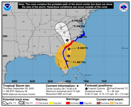 National Weather Service map showing the path of Hurricane Ian as of Sept. 29