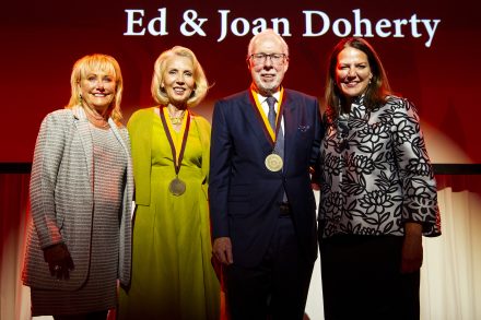 Kerrii Anderson'79, Joan Doherty P'07, Ed Doherty P'07 and President Book at Elon LEADS in New York. Photo credit: Daniel Rader. 