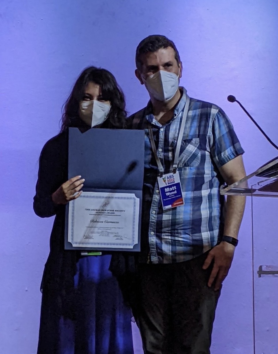 Reb Carranza (Bio '22) received the Genesis Award for best undergraduate poster at the Animal Behavior Society annual conference in San José, Costa Rica