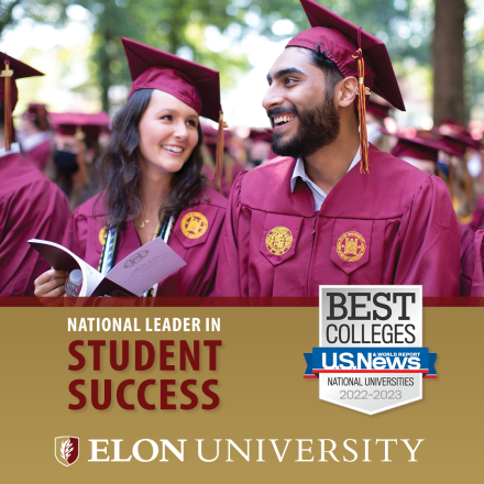 Elon students at graduation with graphic featuring US News badge