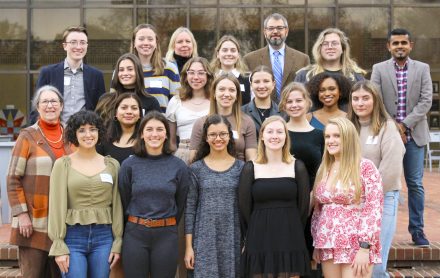 The 29 student inductees, five faculty inductees and Sigma Tau Delta officers and faculty advisers outside the Center for the Performing Arts.