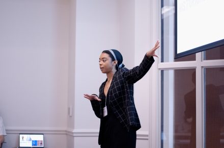 Contia' Prince '18 G'19, UNC-Chapell Hill doctoral student, speaking at the Intersect 2022 conference 