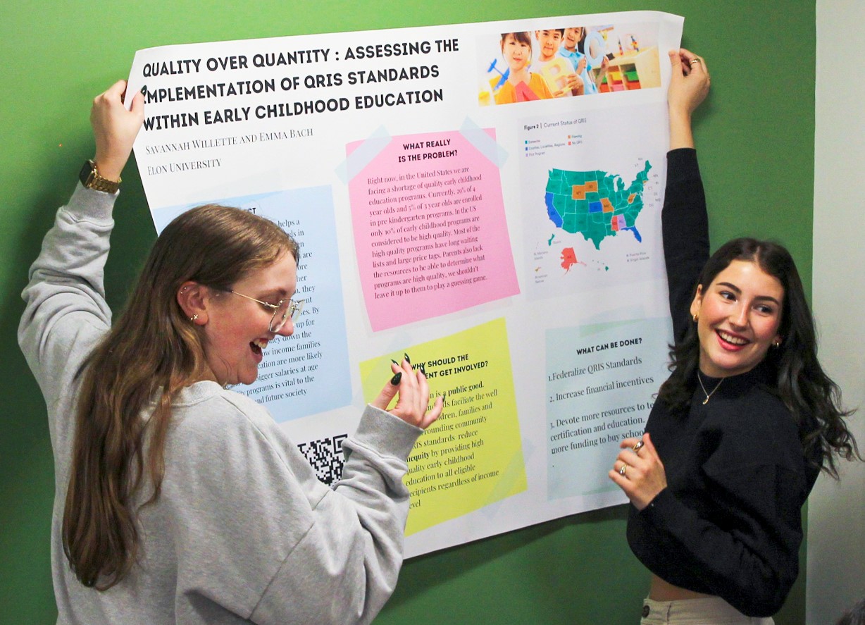 Tori Kelleher and Savannah Willette hang a research poster