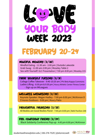 Digital flyer depicting schedule for Love Your Body Week 2023