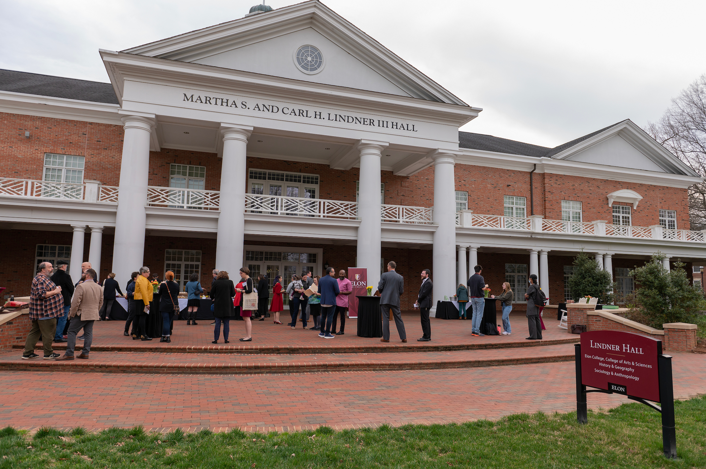 Celebratory gathering outside of Lindner Hall for the campus community gathered Wed., March 1, to mark the first decade of Elon’s Jewish Studies Program.
