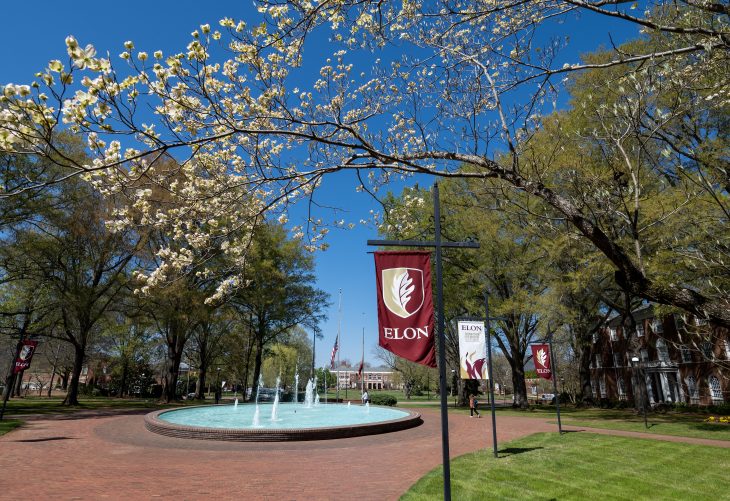 Dogwood in bloom with Fonville Fountain in the background on the campus of Elon University.