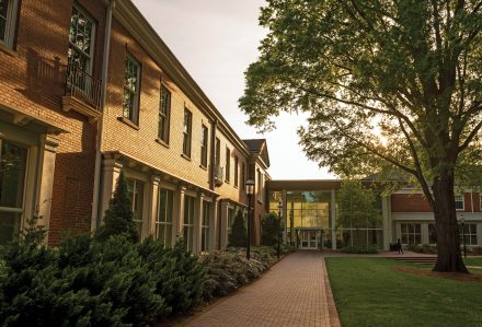An exterior view of Dwight C. Schar Hall at Elon University