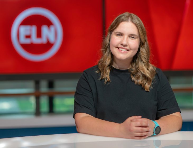 Kyra O’Connor ’23 in the Jane and Brian Williams Studio in the School of Communications.