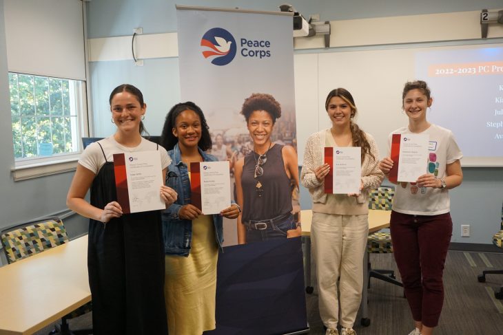 Elon students recognized for completing the Peace Corps Prep Program in 2023: Kate Wirth ’23, Kiara Hunter ’23, Ava de Bruin ’23 and Stephanie Wagner '23. Not pictured is Julia Herman ’24.