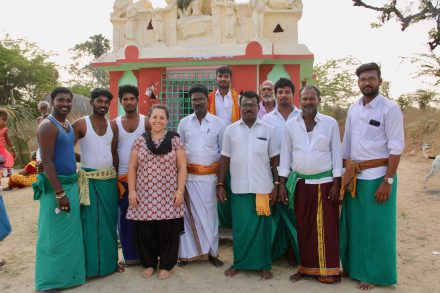 Professor Allocco in Tamil, India, with the drummer-priests