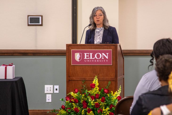 Jodean Schmiederer, dean of student development and assistant professor, provides opening remarks for the 2023 Omicron Delta Kappa Awards.