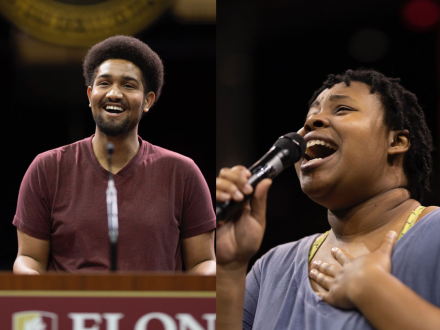 collage of Sayo and Candace singing during commencement rehearsal
