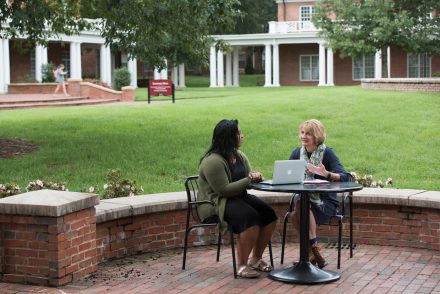 Professor of Psychology and Director of the Center for Research on Global Engagement Maureen Vandermaas-Peeler meets with mentee Sheena Mookerji '19 to discuss her undergraduate research in the Academic Pavilion.