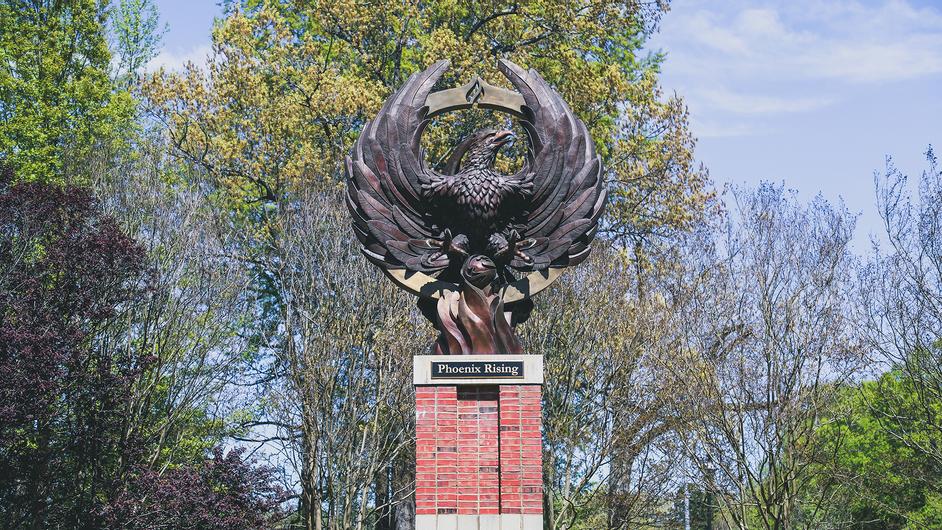 Phoenix Rising statue on Elon University's campus.