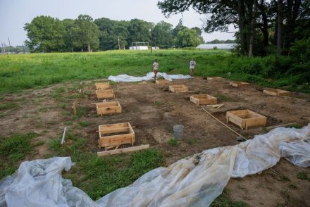 12 square molds set in the ground at a construction site on Loy Farm