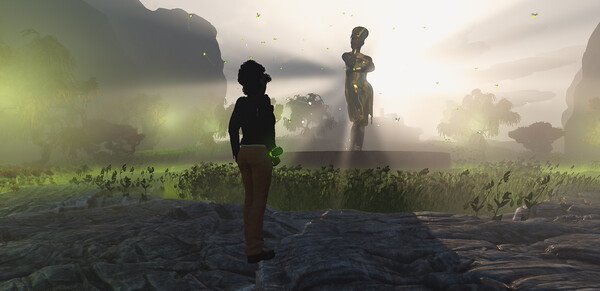 a screenshot of a video game with a person's silhouette in front of a statue