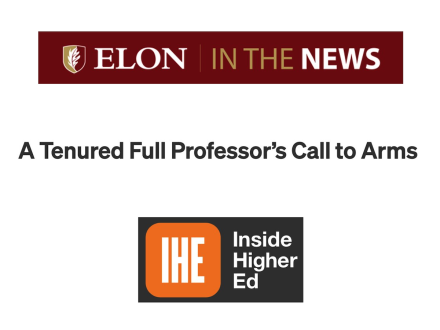 Elon in the News logo with Inside Higher Ed logo and headline