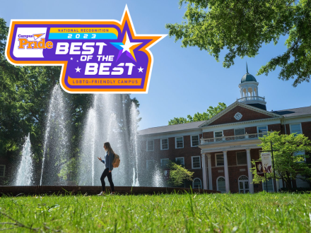 Alamance Building and Fonville Fountain with the Campus Pride Best of the Best logo