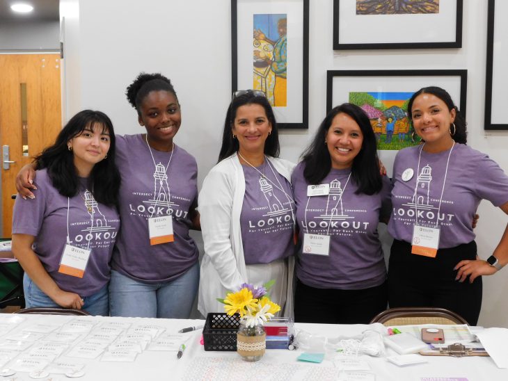 2023 Intersect Conference Planning committee and Center for Leadership and CREDE professional staff. Left to Right, Leslie Aviles Mendoza'25, Taylor Scott'25, Sylvia Muñoz, Edith Sanchez Smith, Olivia Brown.