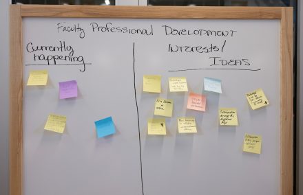 Sticky notes attached to a white board asking for Faculty Professional Development ideas around DEI