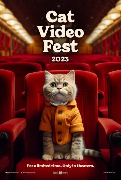 Cat Video Fest promotional image with a cat sitting in a theater seat wearing an orange sweater 